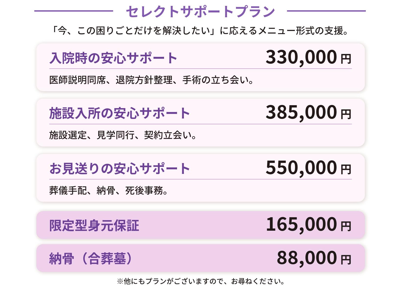 セレクトサポートプラン料金一覧